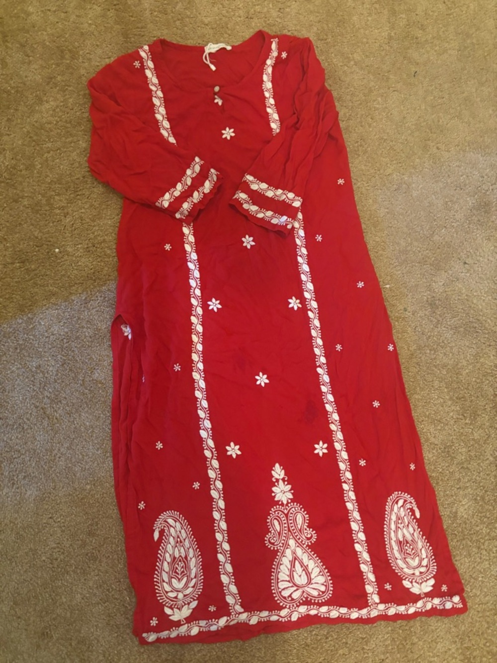 Red Embroidered Maxi Dress with White Paisley Detail Chikankari kurti sz 38 ches